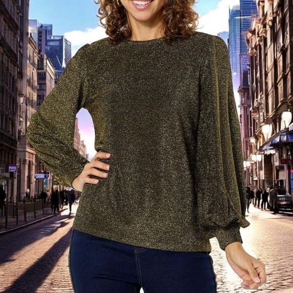 NEW Karl Lagerfeld Shimmery Gold Peplum Blouse Women’s Size XL - Picture 1 of 11